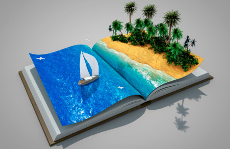An open book with a beach scene